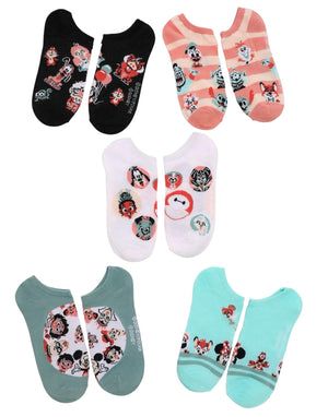 DISNEY 100 Ladies 5 Pair Of No Show Socks Mr. INCREDIBLE, CARL, BAYMAX, ELSA, ALICE IN WONDERLAND - Novelty Socks And Slippers