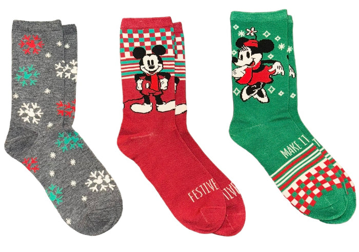 DISNEY Ladies CHRISTMAS 3 Pair Of Socks MICKEY & MINNIE MOUSE ‘FESTIVE CHEER’