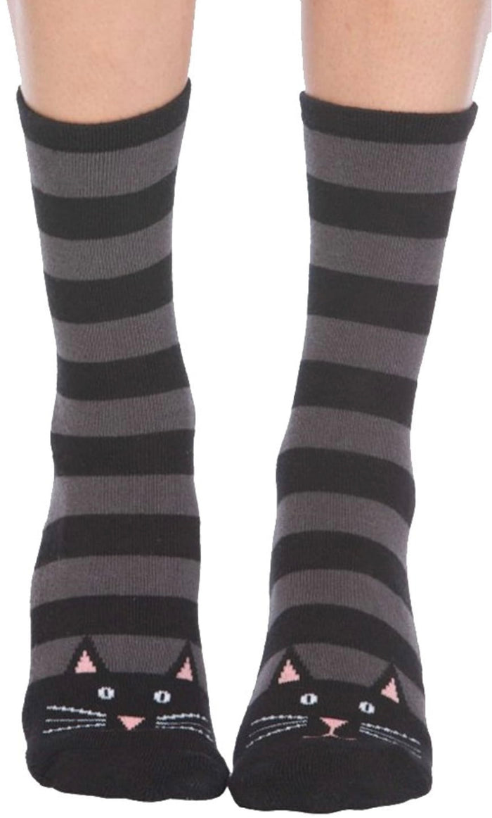 FOOT TRAFFIC Brand Ladies BLACK CAT Non-Skid Slipper Socks