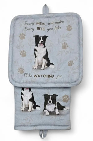 BORDER COLLIE Dog 3 Piece Oven Mitt & Tea Towel Set By E&S Pets - Novelty Socks And Slippers