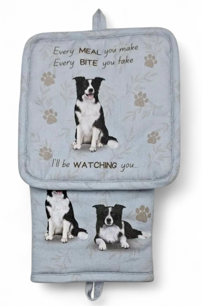 BORDER COLLIE Dog 3 Piece Oven Mitt & Tea Towel Set By E&S Pets