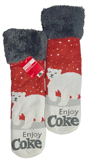 COCA-COLA Ladies POLAR BEAR Sherpa Lined Gripper Bottom Slipper Socks ‘ENJOY COKE’ - Novelty Socks for Less