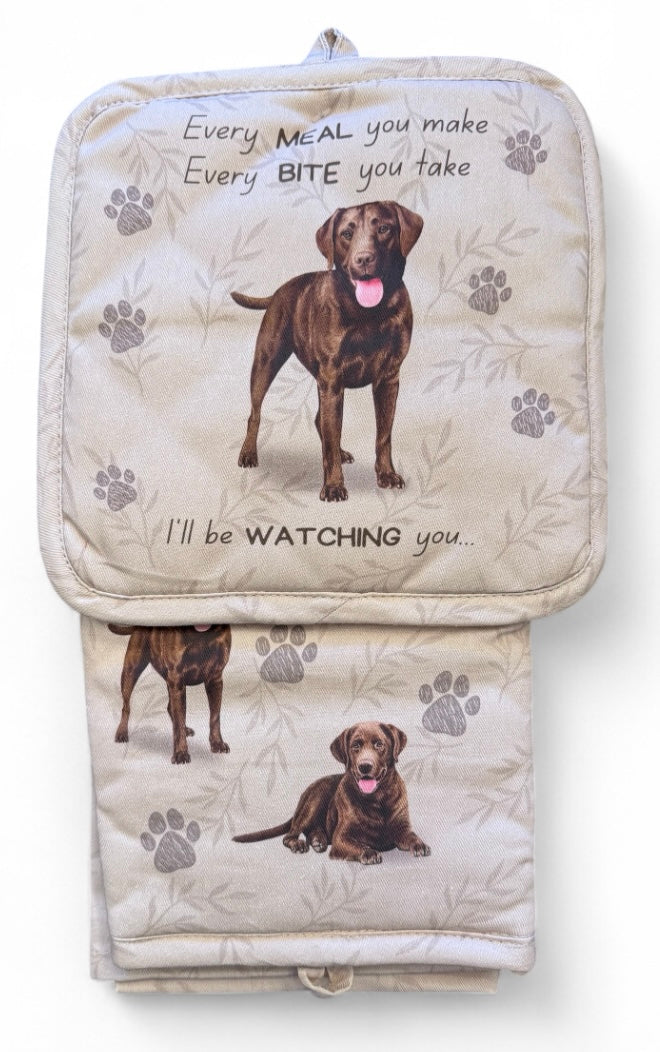 CHOCOLATE LABRADOR 3 Piece Oven Mitt & Tea Towel Set By E&S Pets