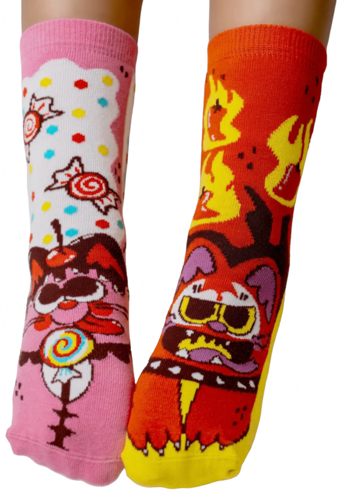 PALS SOCKS Brand Unisex Toddler & Kids CAT Mismatched Gripper Bottom Socks ‘PURRTY SWEET & FELINE SPICY (Choose Size)