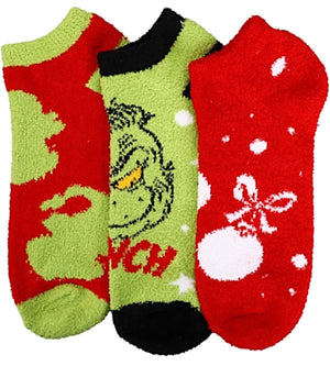 DR. SEUSS THE GRINCH Ladies 3 Pair Of CHRISTMAS Fuzzy Ankle Socks - Novelty Socks for Less