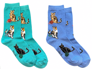 FOOZYS Brand Ladies CAT 2 Pair Of Socks CALICO, TABBY & BLACK CATS - Novelty Socks And Slippers