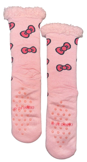 SANRIO HELLO KITTY Ladies Sherpa Lined Gripper Bottom Slipper Socks With Hello Kitty Bows All Over