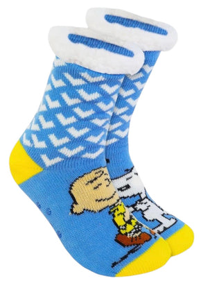 PEANUTS Ladies CHARLIE BROWN Sherpa Lined Gripper Bottom Slipper Socks With SNOOPY