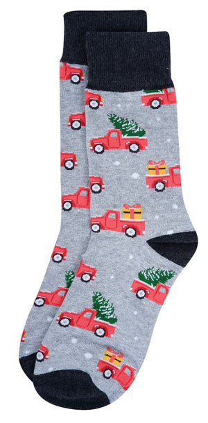 PARQUET Brand Men’s CHRISTMAS Socks RED TRUCK & TREES  as