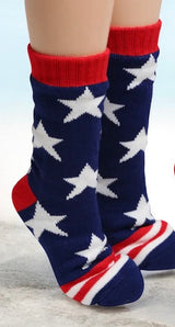 PATRIOTIC AMERICAN FLAG Ladies Fleece Lined Non-Slip Slipper Socks (Choose Style) - Novelty Socks And Slippers