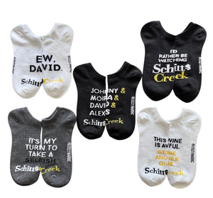 SCHITT’S CREEK TV SHOW Ladies 5 Pair Of No Show Socks ‘EW DAVID’ 'THIS WINE IS AWFUL GET ME ANOTHER GLASS' - Novelty Socks And Slippers