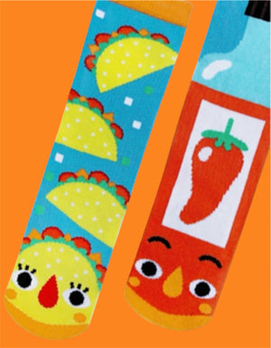 TACO & HOT SAUCE Unisex Mismatched Gripper Bottom Socks PALS SOCKS Brand (CHOOSE SIZE) - Novelty Socks And Slippers