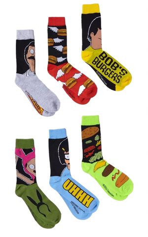 BOB’S BURGERS Men’s 6 Pair Of Socks Gift Set LOUISE, TINA, GENE ‘UHHH’ - Novelty Socks And Slippers