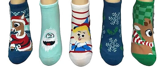 RUDOLPH THE RED NOSED REINDEER Ladies 5 Pair Of No Show Socks ABOMINABLE SNOWMAN, HERMIE THE HAPPY ELF DENTIST