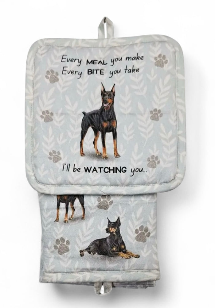 DOBERMAN DOG 3 Piece Oven Mitt & Tea Towel Set By E&S Pets