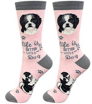 BLACK & WHITE SHIH TZU Dog Unisex Socks By E&S Pets CHOOSE SOCK DADDY, HAPPY TAILS, LIFE IS BETTER - Novelty Socks for Less