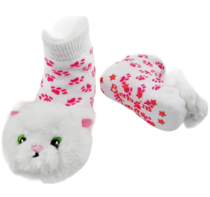 BOOGIE TOES Baby Unisex WHITE FURBALL CAT Rattle Gripper Bottom Socks (CHOOSE SIZE) - Novelty Socks And Slippers