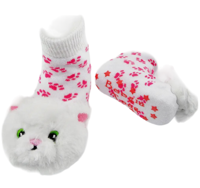 BOOGIE TOES Baby Unisex WHITE FURBALL CAT Rattle Gripper Bottom Socks (CHOOSE SIZE)