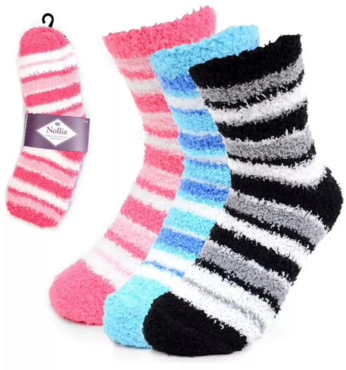 NOLLIA Brand Ladies 3 Pair Striped Warm & Fuzzy Socks