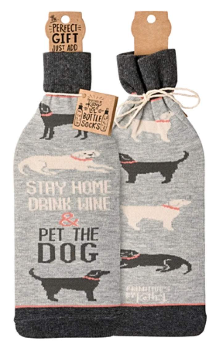 PRIMITIVES BY KATHY ALCOHOL BOTTLE SOCK ‘STAY HOME, DRINK WINE & PET THE DOG’