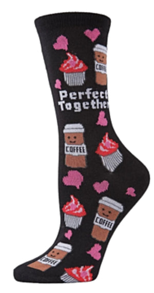 MeMoi Brand Ladies COFFEE, CUPCAKES & HEARTS VALENTINES DAY Socks ‘PERFECT TOGETHER’ - Novelty Socks And Slippers