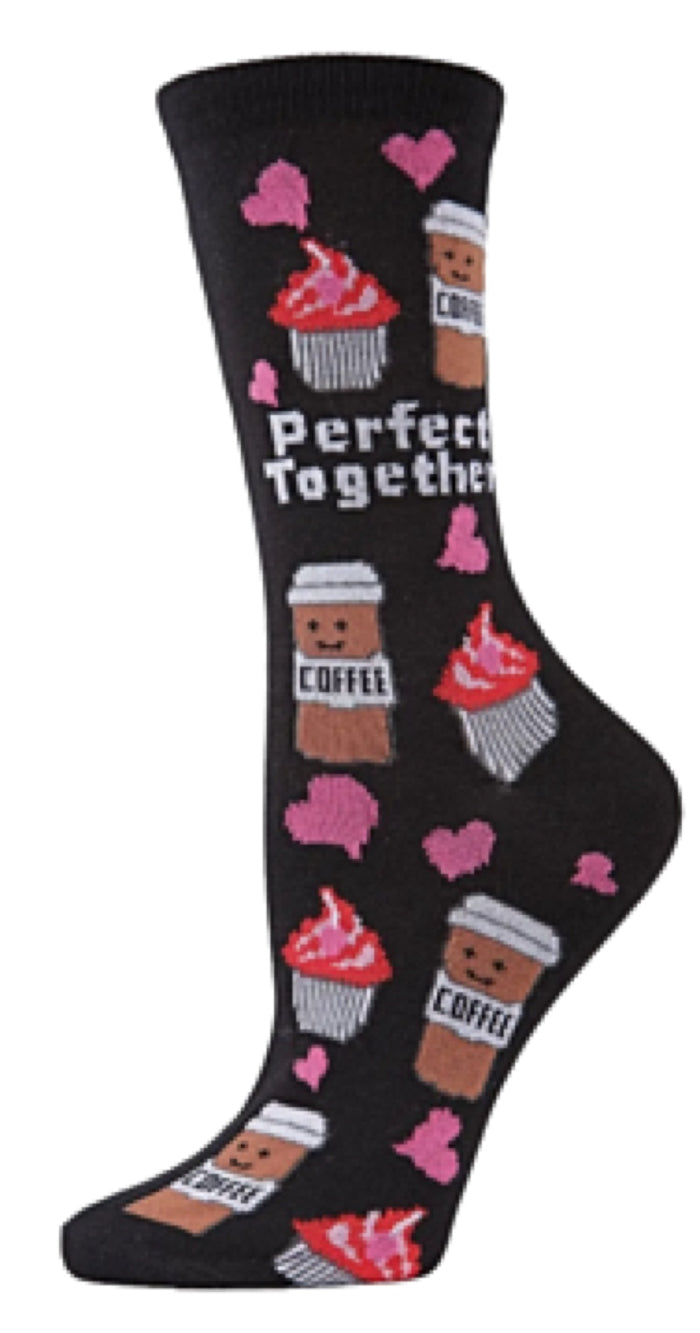 MeMoi Brand Ladies COFFEE, CUPCAKES & HEARTS VALENTINES DAY Socks ‘PERFECT TOGETHER’