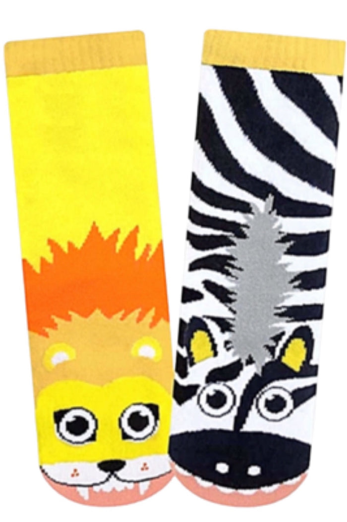 PALS SOCKS Brand Unisex LION & ZEBRA Mismatched Gripper Bottom Socks (CHOOSE SIZE)