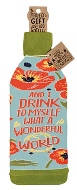 PRIMITIVES BY KATHY ALCOHOL WINE BOTTLE SOCK ‘AND I DRINK TO MYSELF WHAT A WONDERFUL WORLD’ - Novelty Socks for Less