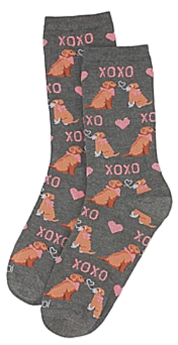 Memoi Brand Ladies KISSING DOGS VALENTINE’S DAY Socks ‘HEART SHAPED NOODLE KISS’ XOXO