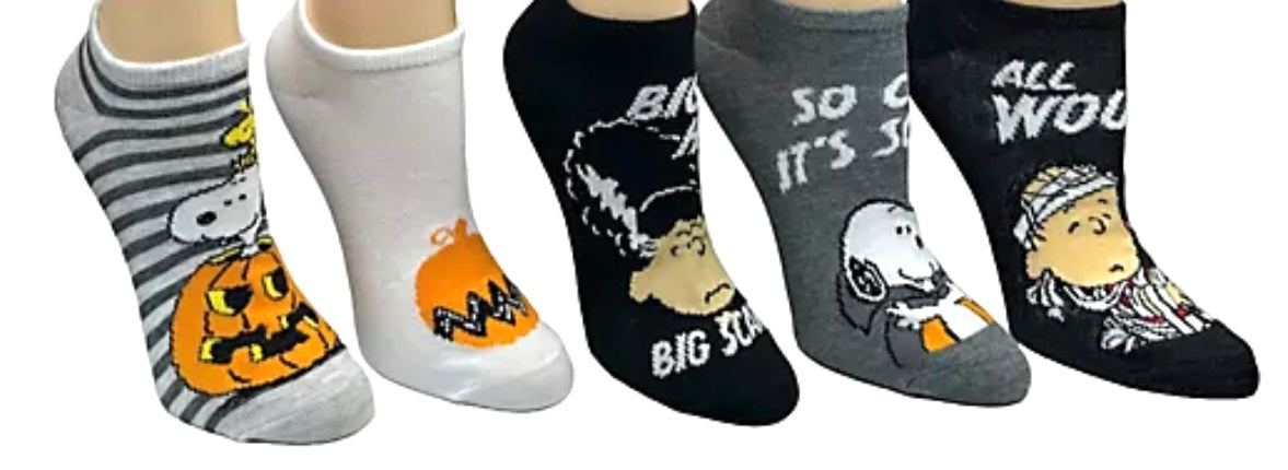 PEANUTS LADIES HALLOWEEN 5 Pair Of No Show Socks LUCY, LINUS, SNOOPY - Novelty Socks And Slippers