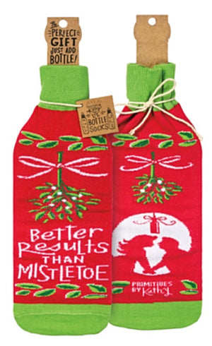 PRIMITIVES BY KATHY CHRISTMAS ALCOHOL WINE BOTTLE SOCK ‘BETTER RESULTS THAN MISTLETOE’ - Novelty Socks for Less