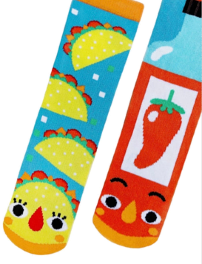 PALS SOCKS Brand Unisex TACO & HOT SAUCE Mismatched Gripper Bottom Socks (CHOOSE SIZE)