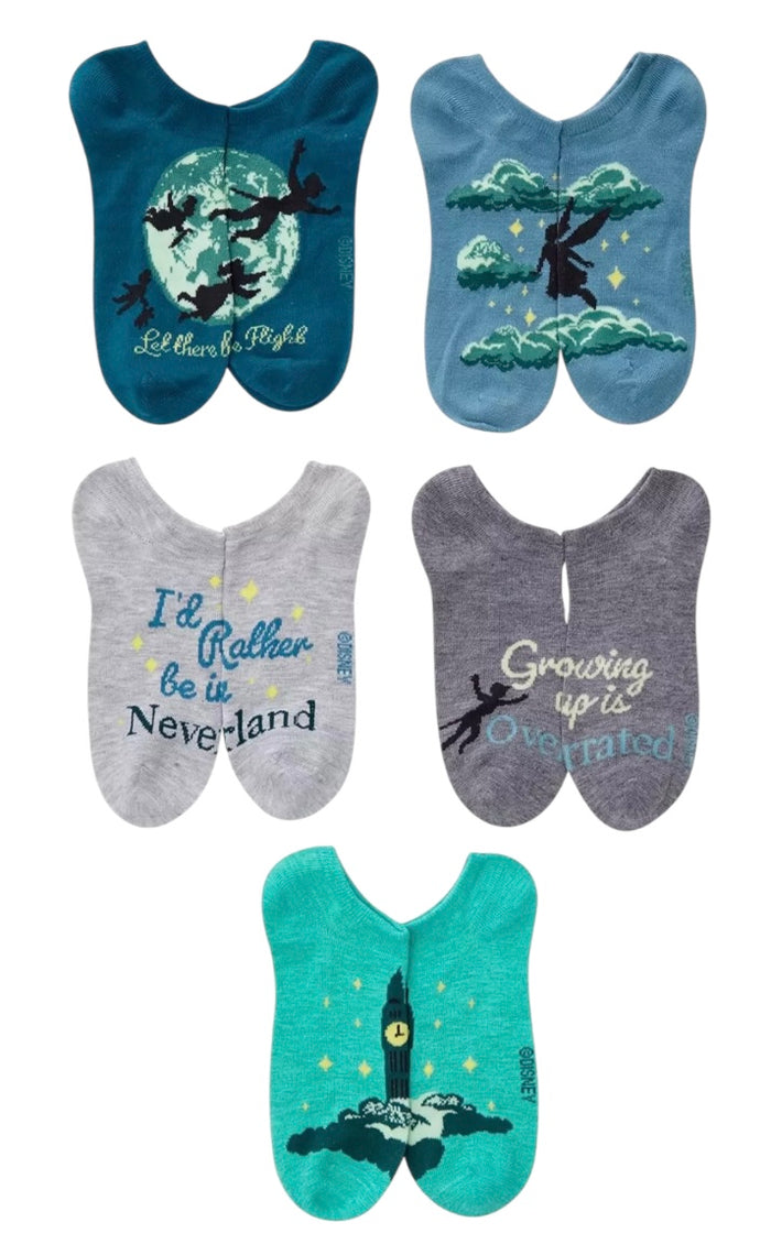 DISNEY PETER PAN & WENDY Ladies 5 Pair Of No Show Socks 'LET THERE BE FLIGHT'