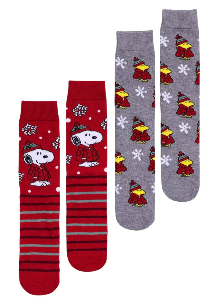 PEANUTS Men’s 2 Pair Of CHRISTMAS Socks SNOOPY & WOODSTOCK With Snowflakes