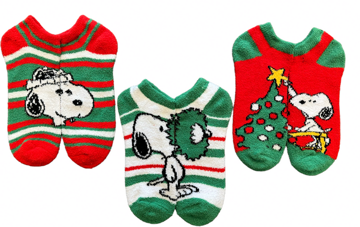 PEANUTS Ladies Christmas 3 Pair Of Fuzzy Ankle Socks