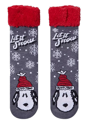 PEANUTS LADIES SNOOPY CHRISTMAS SHERPA LINED GRIPPER BOTTOM SLIPPER SOCKS ‘LET IT SNOW’ - Novelty Socks for Less