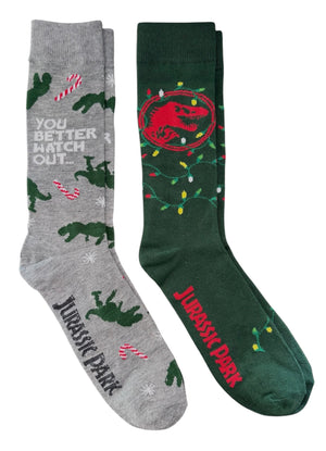 JURASSIC WORLD MEN’S 2 Pair Of CHRISTMAS SOCKS T-REX 'YOU BETTER WATCH OUT' - Novelty Socks And Slippers