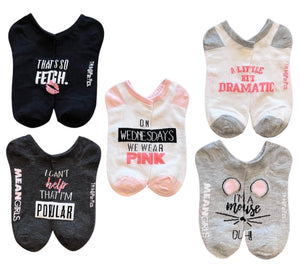 MEAN GIRLS Movie Ladies 5 Pair Of No Show Socks 'I CAN’T HELP THAT I’M POPULAR’ 'THAT'S SO FETCH' - Novelty Socks And Slippers