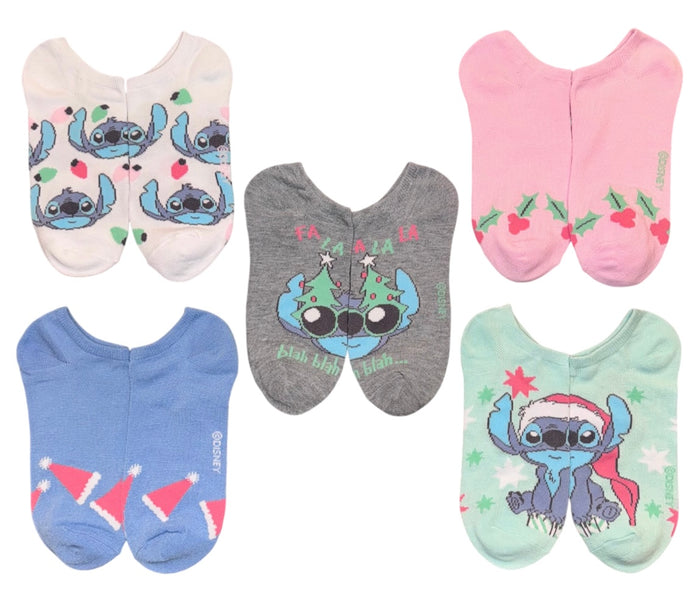 DISNEY LILO & STITCH Ladies 5 Pair Of CHRISTMAS No Show Socks ‘FA LA LA LA BLAH BLAH BLAH’