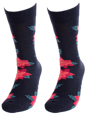 PARQUET Brand Men’s CHRISTMAS POINSETTIA PLANT Socks With HOLLY LEAVES, BERRIES - Novelty Socks for Less