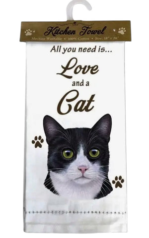 ALL YOU NEED IS LOVE & A CAT Kitchen Tea Towel Tuxedo Cat By E&S Pets - Novelty Socks And Slippers