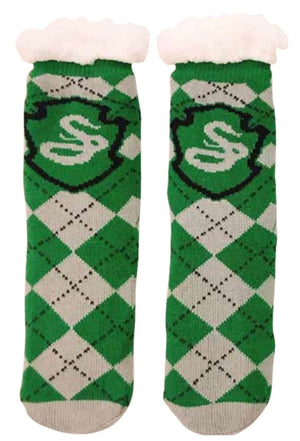 HARRY POTTER Ladies SLYTHERIN Sherpa Lined Gripper Bottom Slipper Socks - Novelty Socks And Slippers