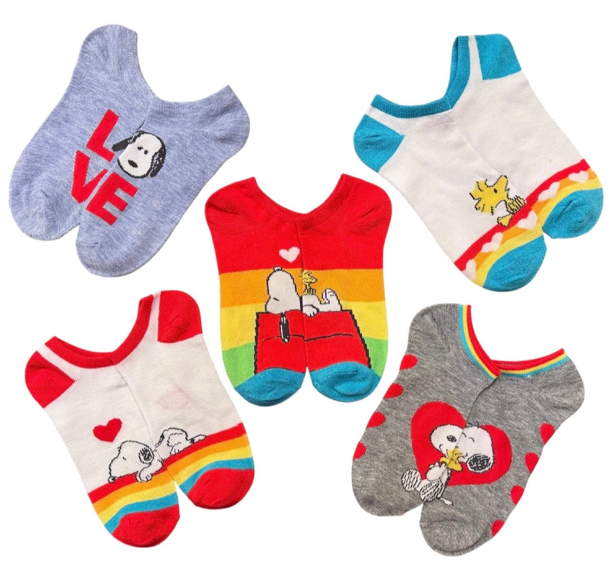 PEANUTS Ladies 5 Pair Of RAINBOW PRIDE No Show Socks SNOOPY & WOODSTOCK (Choose Style) - Novelty Socks And Slippers