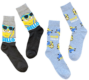 DESPICABLE ME Men’s MINIONS 2 Pair Of Socks ‘MAD SKILLS’ ‘BELLO’ - Novelty Socks And Slippers