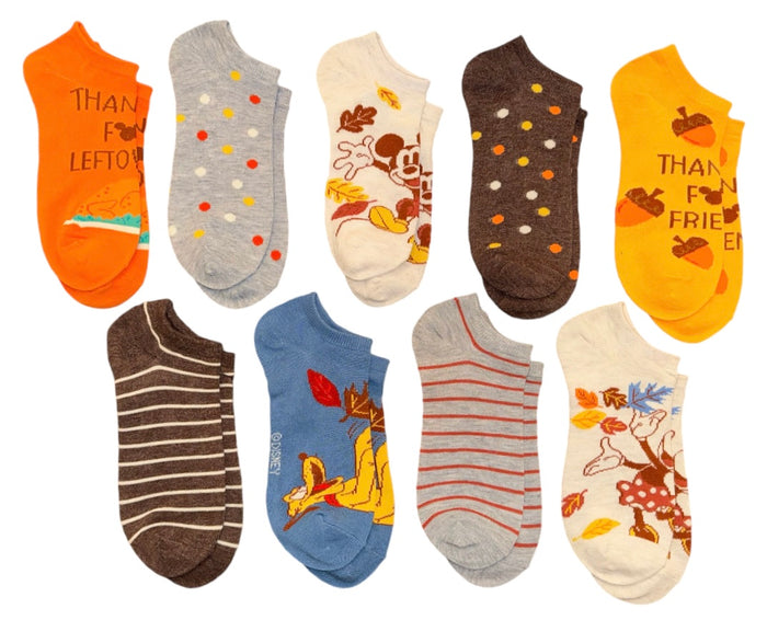 DISNEY THANKSGIVING Ladies 9 Pair Of No Show Socks ‘THANKFUL FOR LEFTOVERS’ Mickey, Minnie, Pluto