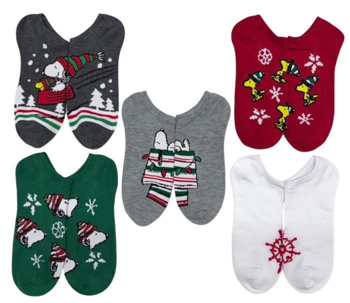 PEANUTS Ladies CHRISTMAS 5 Pair Of No Show Socks Snoopy & Woodstock Red & Green Striped Dog House