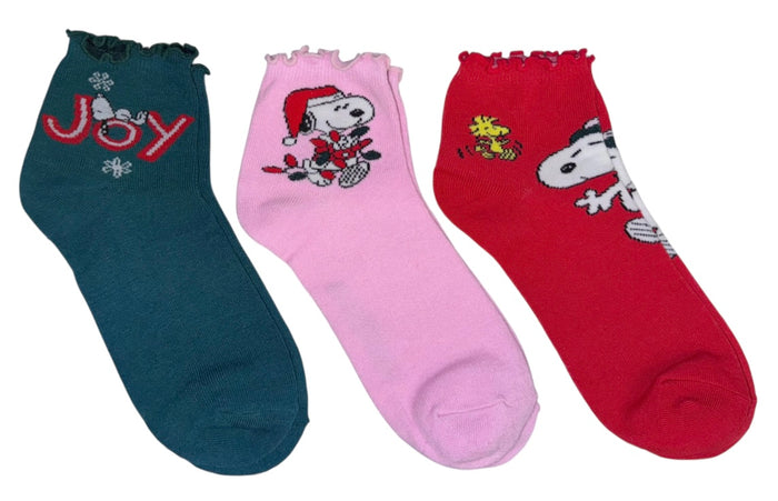PEANUTS Ladies 3 Pair Of CHRISTMAS Socks Snoopy & Woodstock 'JOY'