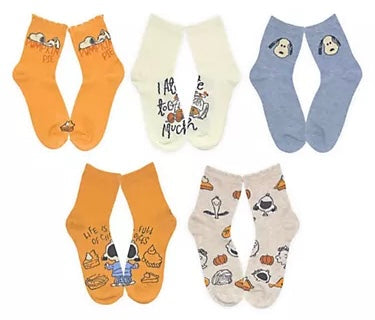 PEANUTS Ladies THANKSGIVING 5 Pair Of Socks CHARLIE BROWN ‘I ATE TOO MUCH’