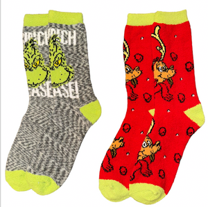 DR. SEUSS HOW THE GRINCH STOLE CHRISTMAS Ladies 2 Pair Of Fuzzy Socks With MAX The Dog ‘GRINCH PLEASE!’ - Novelty Socks And Slippers