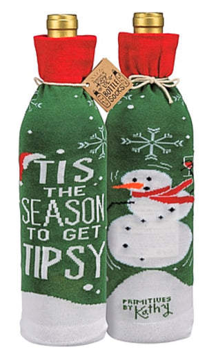 PRIMITIVES BY Kathy CHRISTMAS ALCOHOL WINE BOTTLE SOCK ‘TIS THE SEASON TO GET TIPSY’ - Novelty Socks for Less